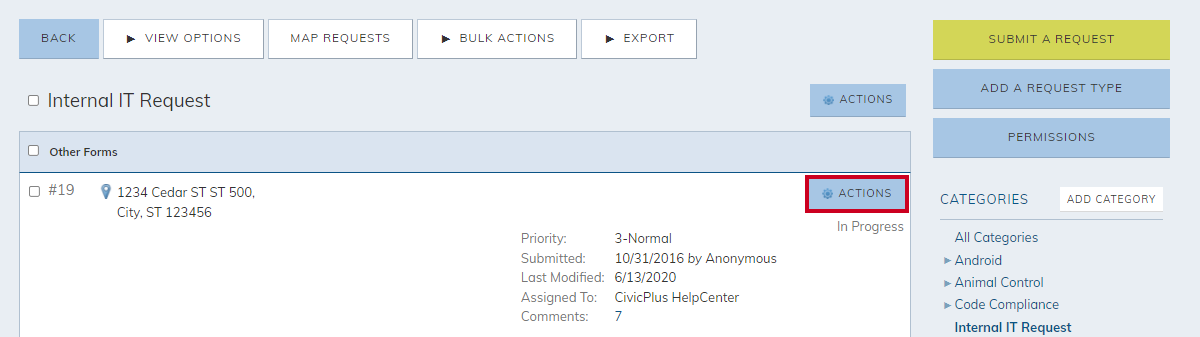 request actions button