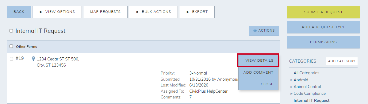 request actions menu, view details