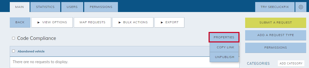 category actions menu, properties