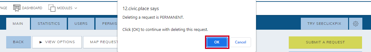 deletion confirmation pop-up, okay button