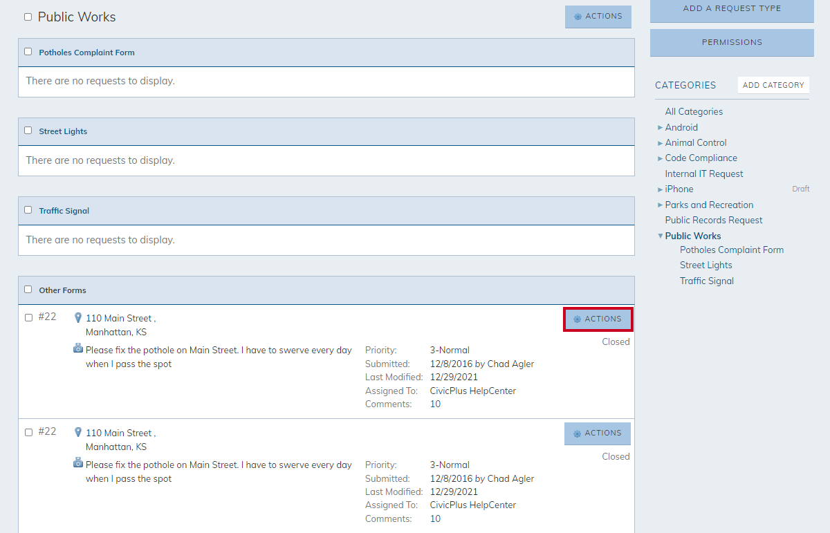 request actions button