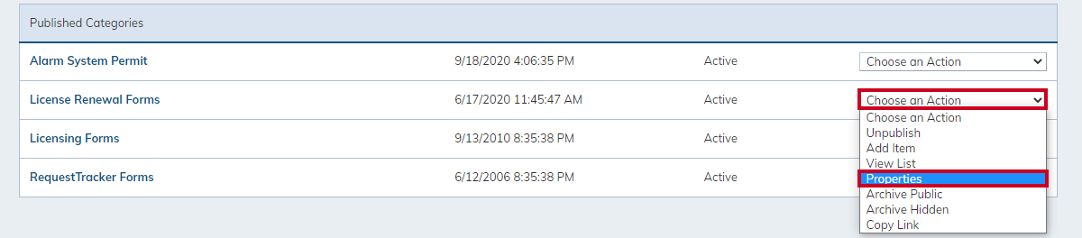 choose an action drop-down menu, properties