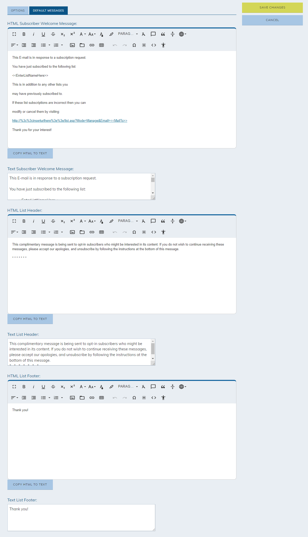 default message text fields