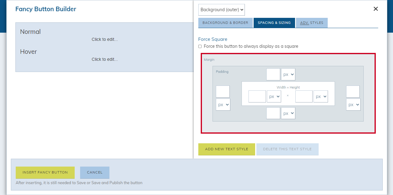 spacing and sizing options