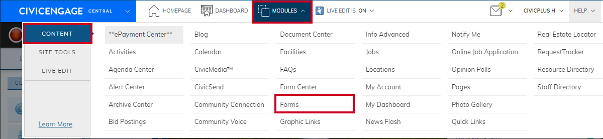navigate to the forms module