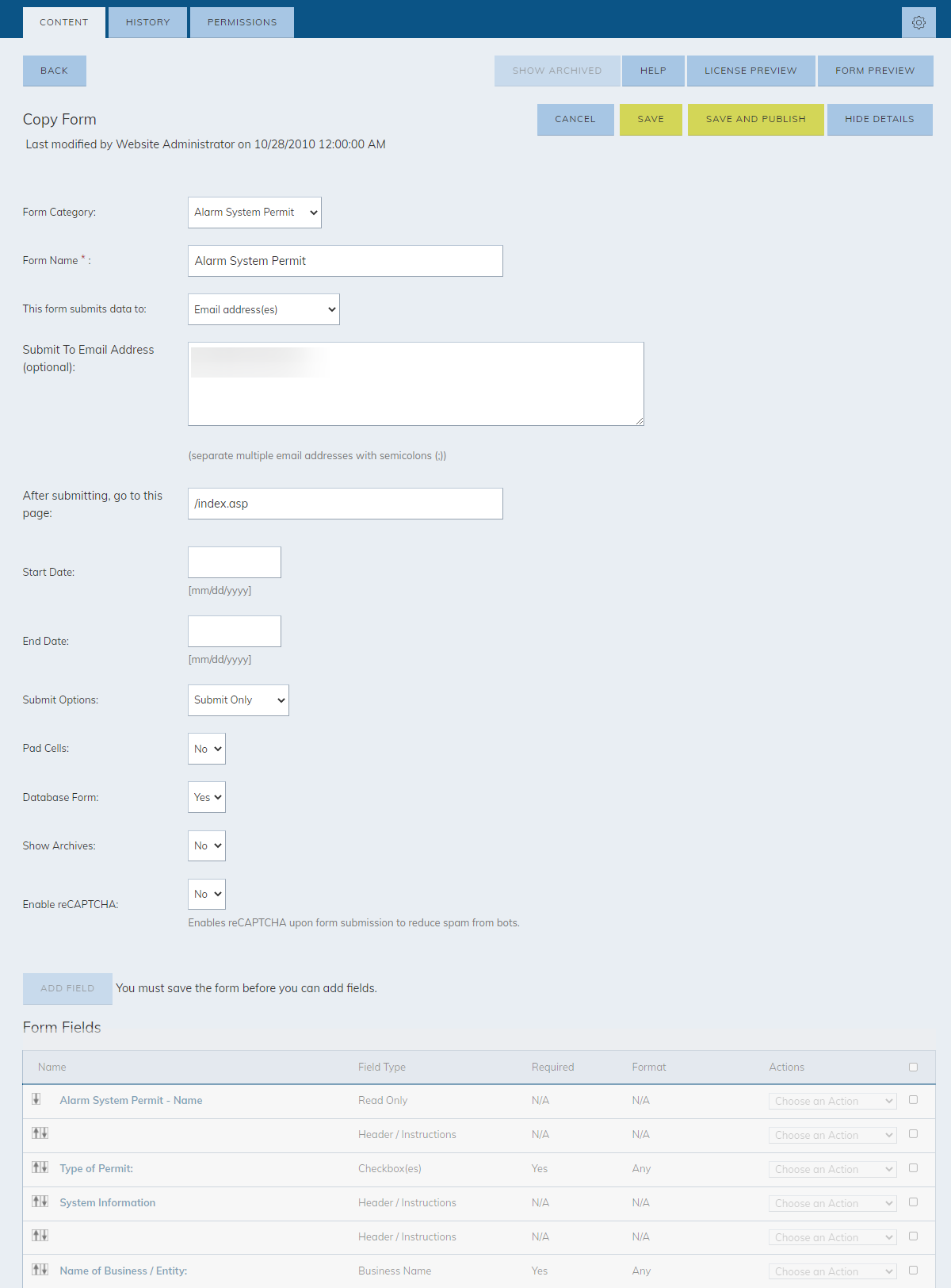 copied form information fields