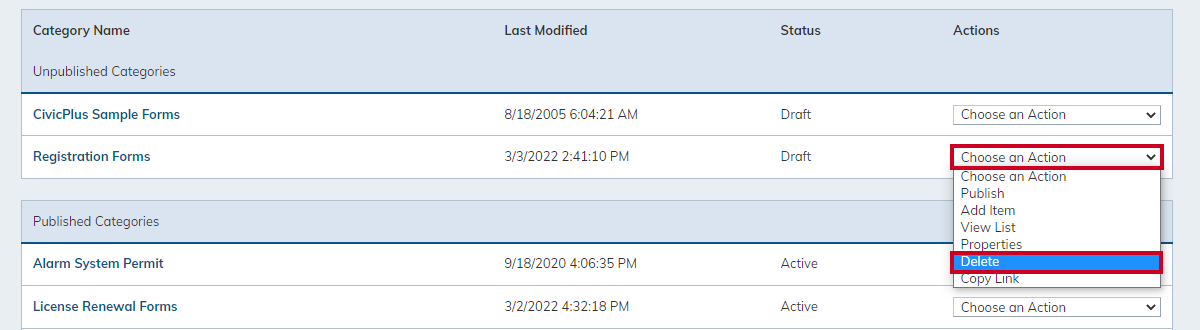 unpublished category, choose an action menu, delete