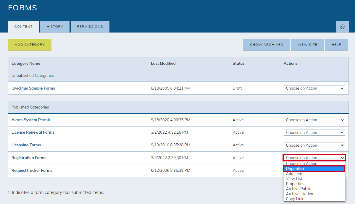 published category, choose an action menu, unpublish