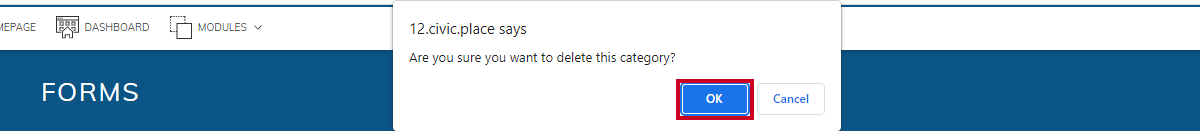 category deletion confirmation pop-up, okay button