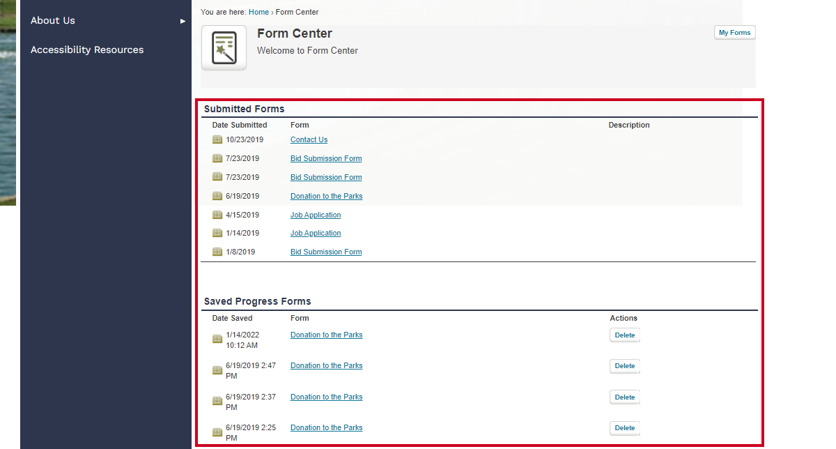 submitted forms and saved progress forms