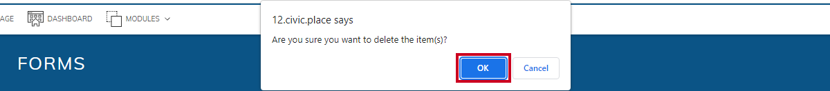delete confirmation pop-up, okay button