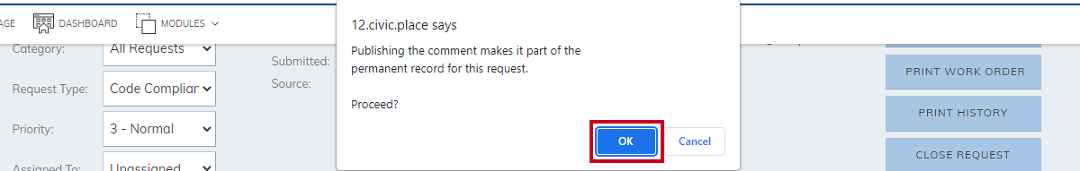proceed confirmation pop-up, okay button