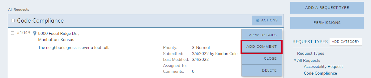 actions menu, add comment