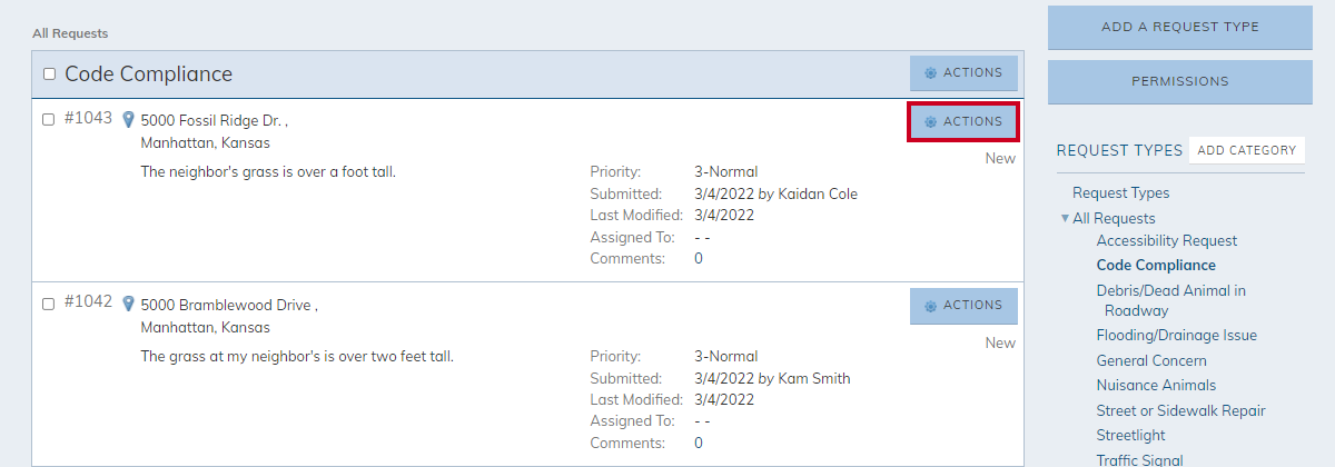 request, actions button