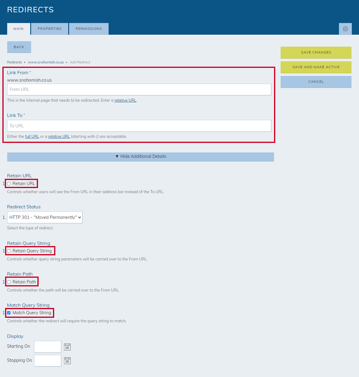 redirect masking configuration options