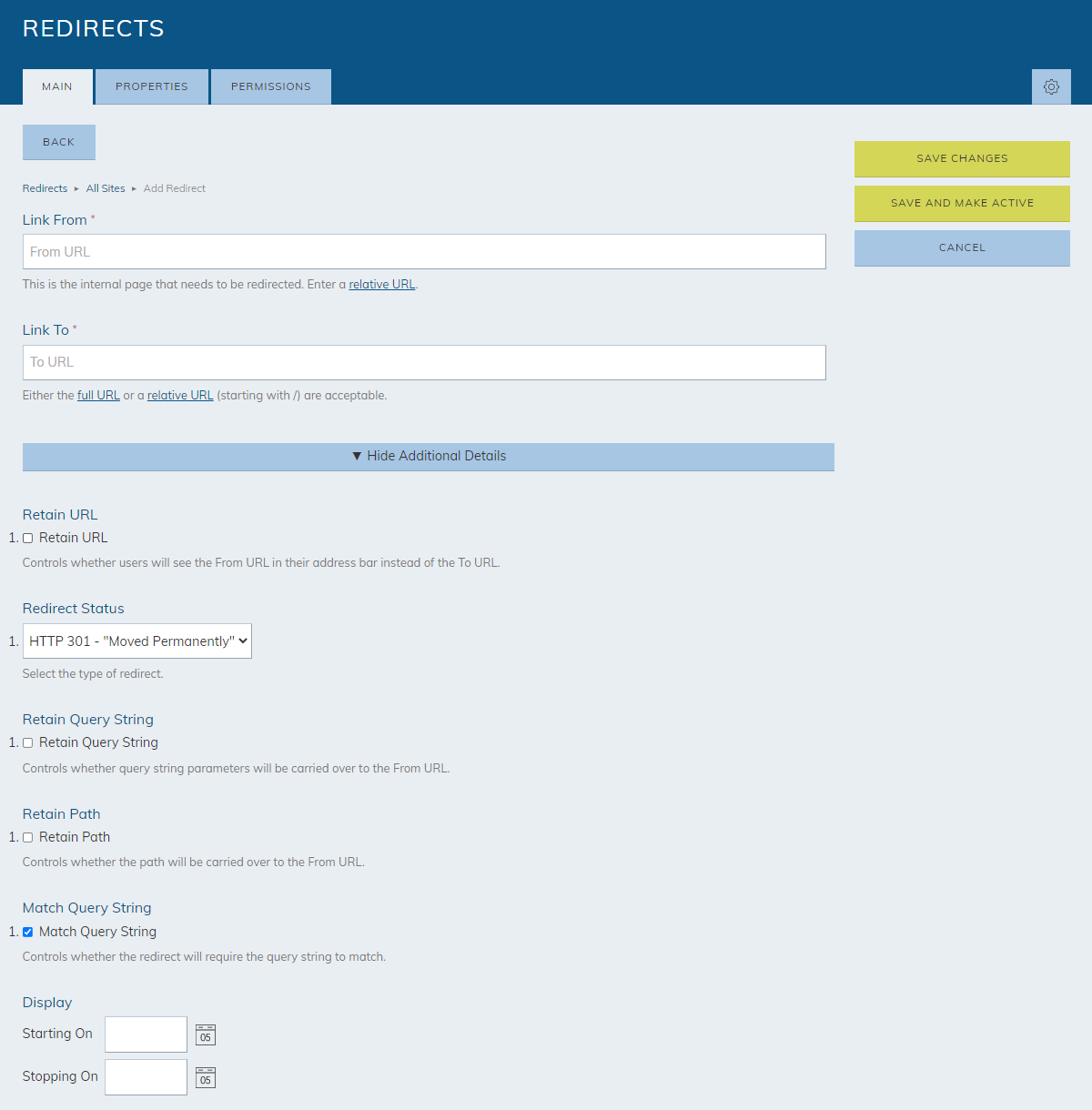 Redirect option fields.