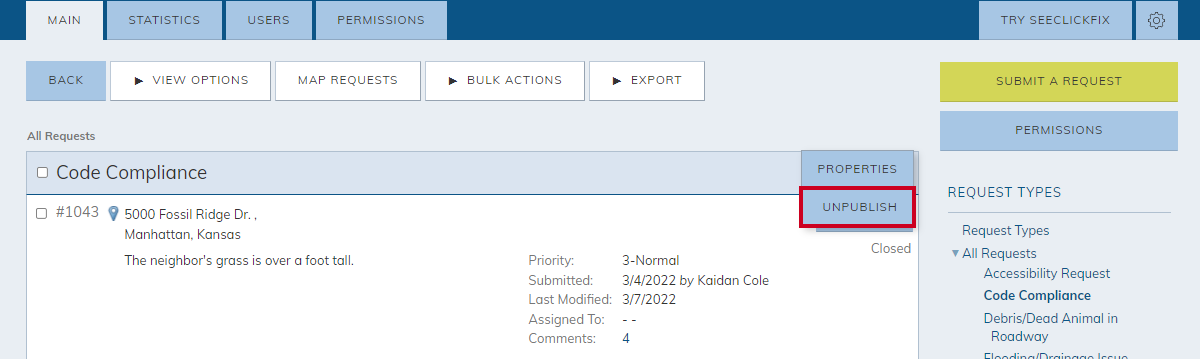 actions menu, unpublish