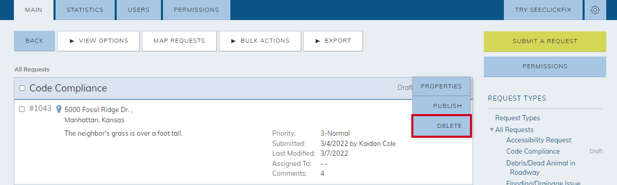 actions menu, delete
