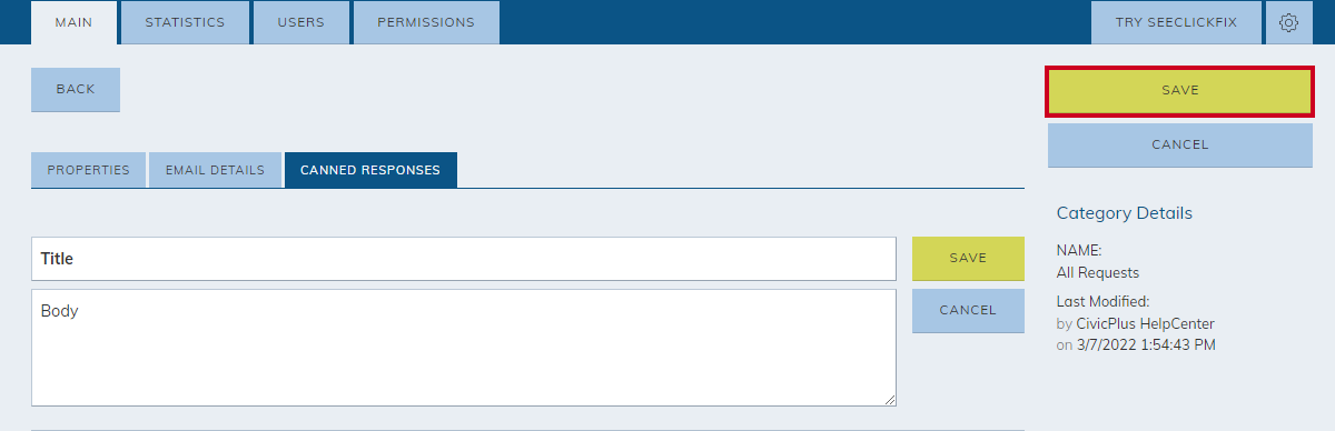 category properties, save button