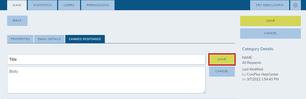 canned response, save button