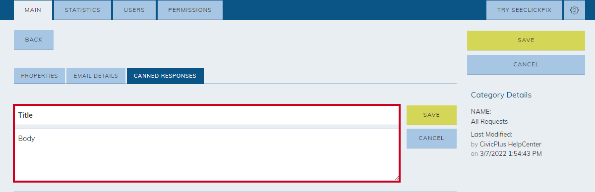 canned response, title and body text boxes