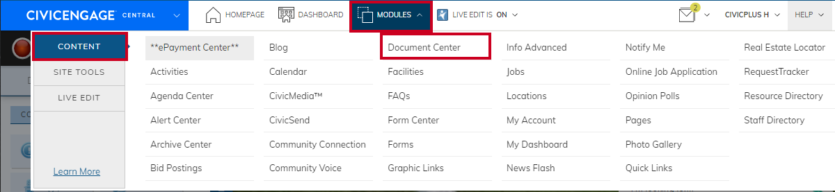 navigate to the document center module