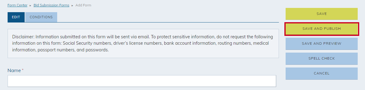 form center, new form, save and publish button