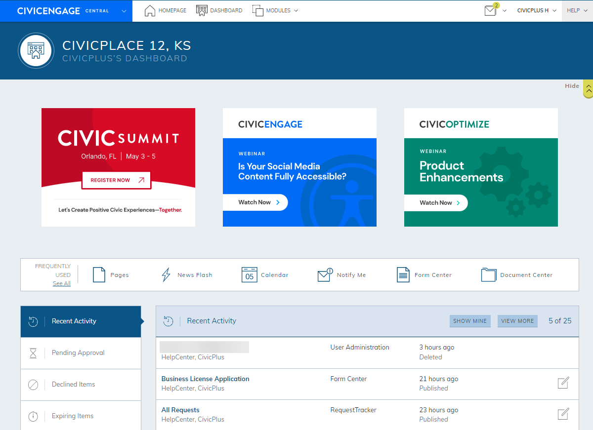 An administrator's dashboard homepage.