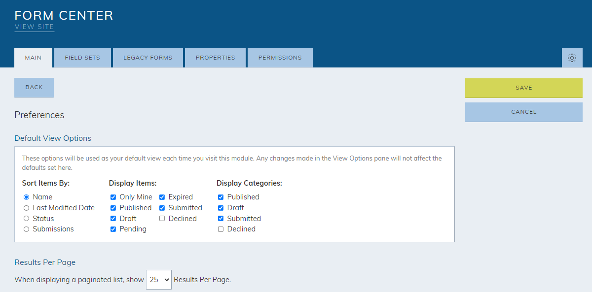 form center, default view options