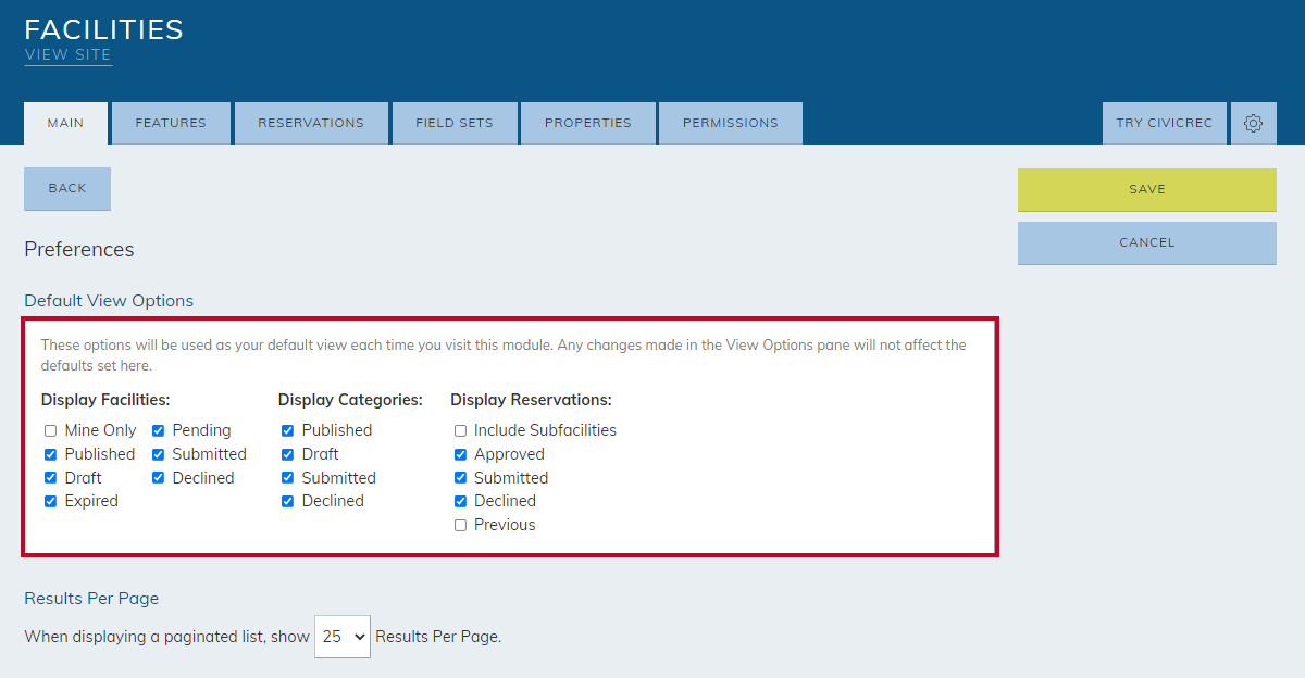 default view options