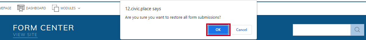 confirmation pop-up, ok button