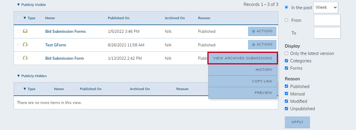 actions men,u view archived submissions