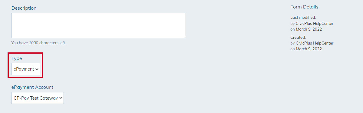 type drop-down, select ePayment