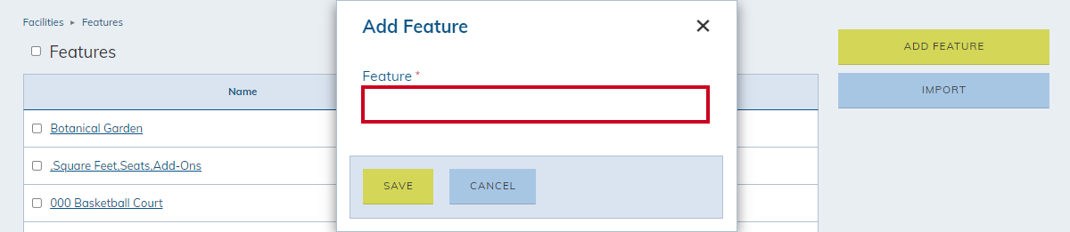 add feature pop-up, feature name field