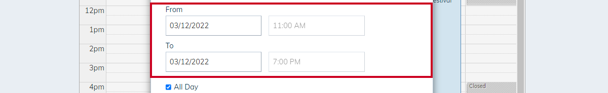 single event, day and time selection