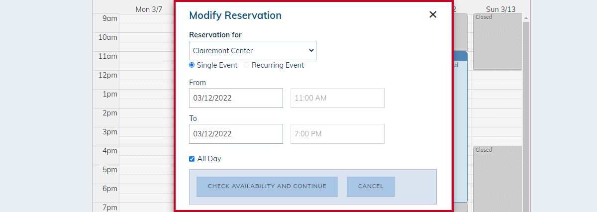modify reservation pop-up