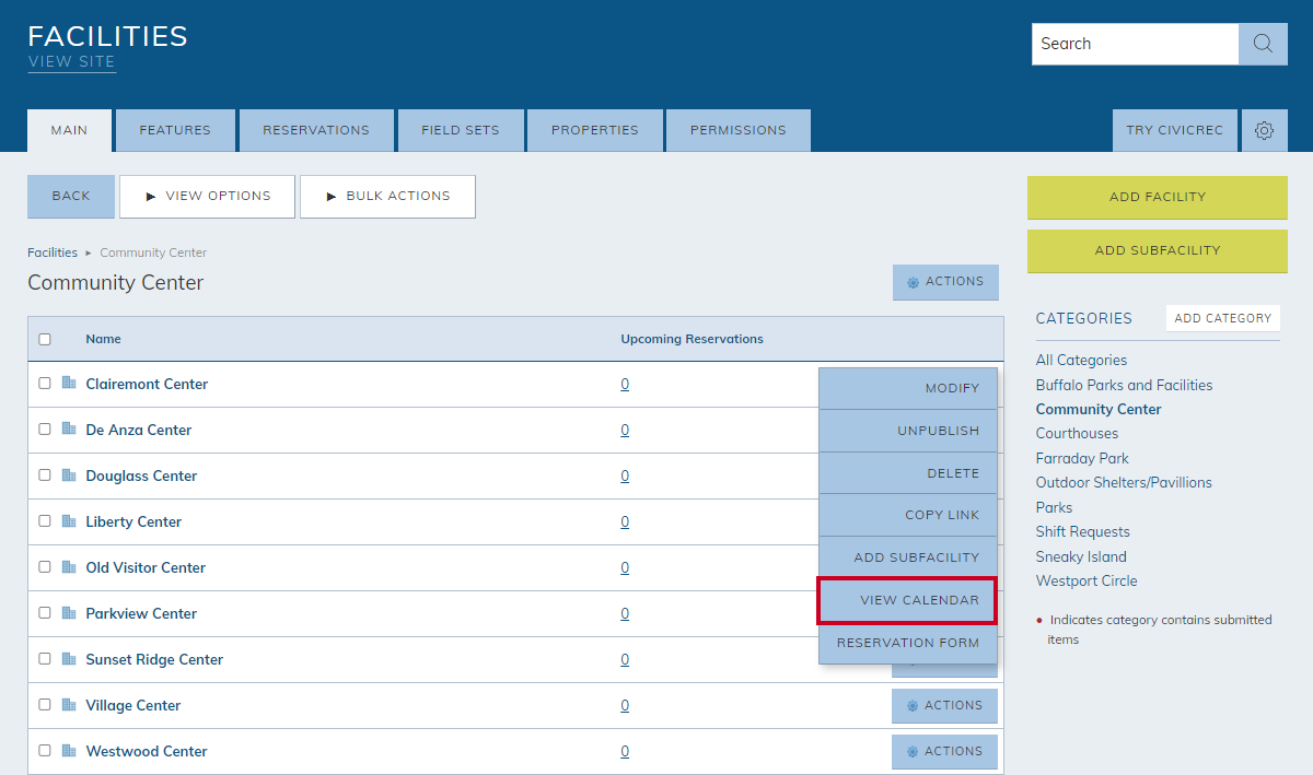 actions menu, view calendar