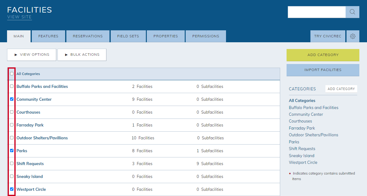 category checkboxes