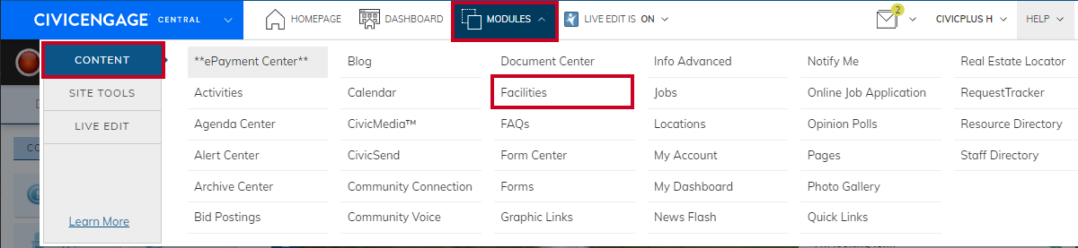navigate to the facilities modules