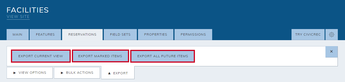 Export action buttons.