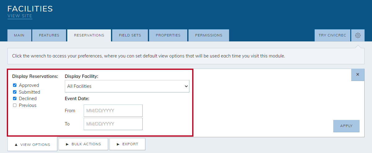 View options.