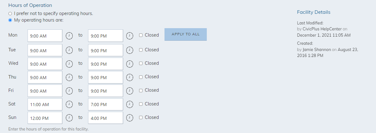 Hours of operations fields.