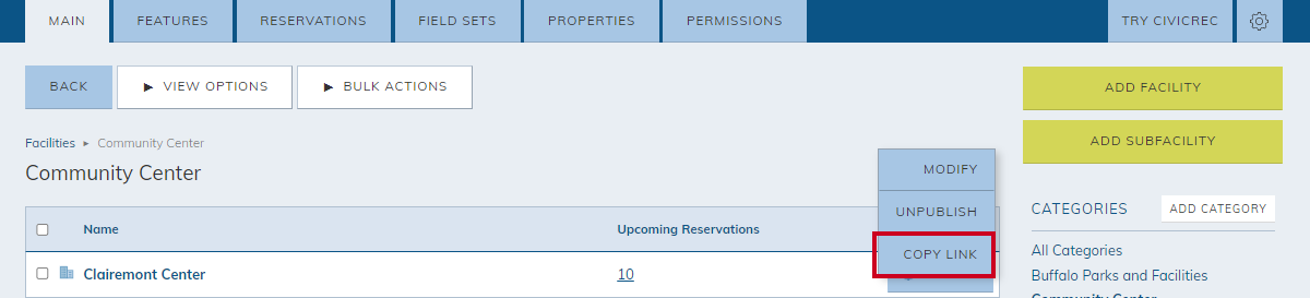 category actions menu, copy link