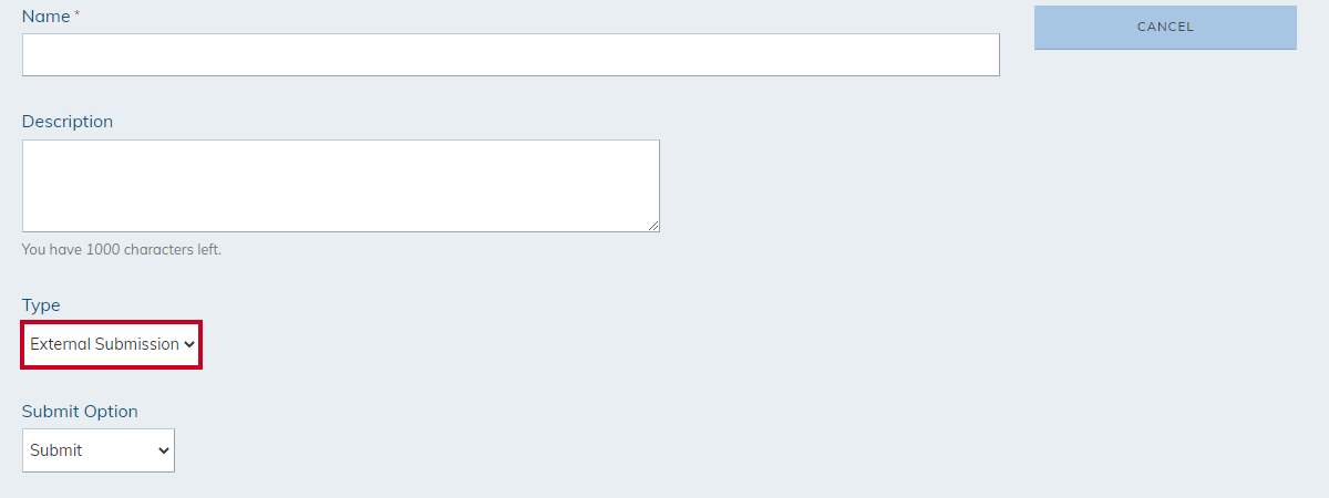 type drop-down menu, external submission