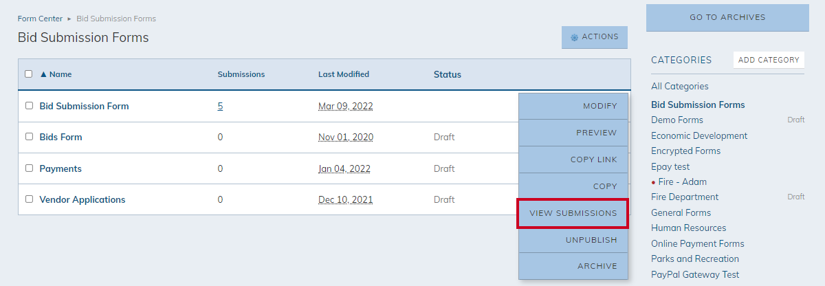 actions menu, view submissions