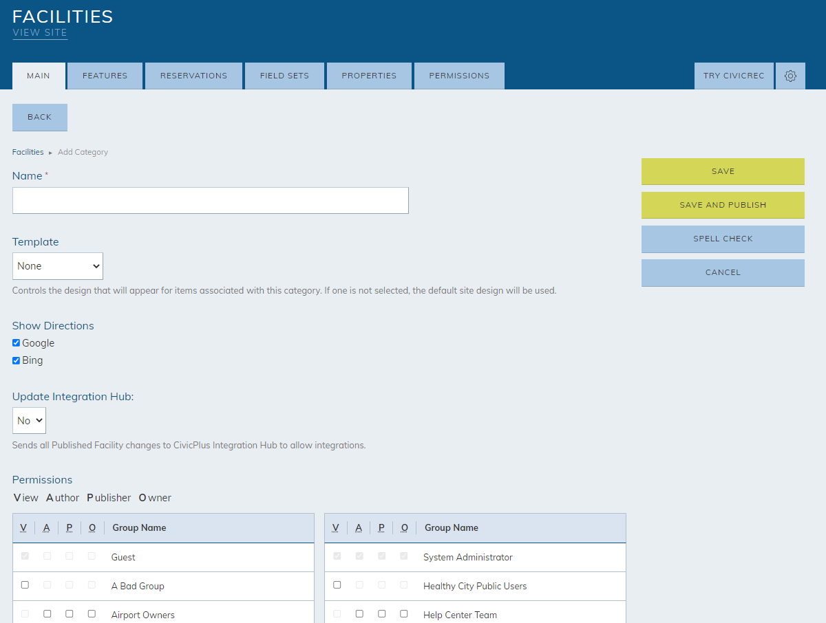 New facility category information fields.