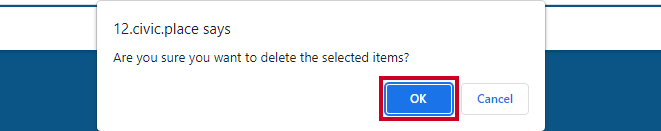 Confirm delete pop-up, okay button.