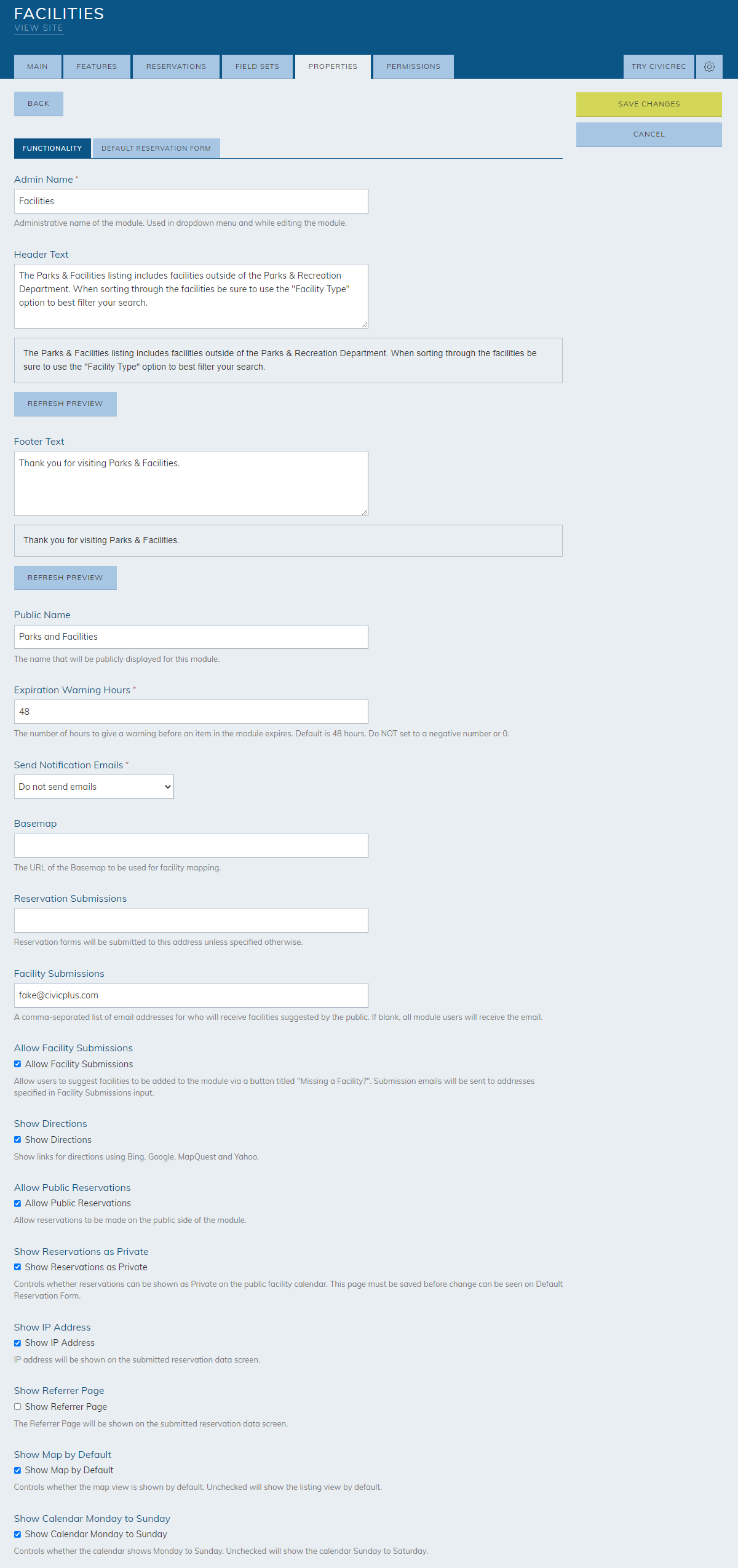 Functionality tab, information fields.