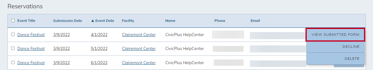 actions menu, view submitted form