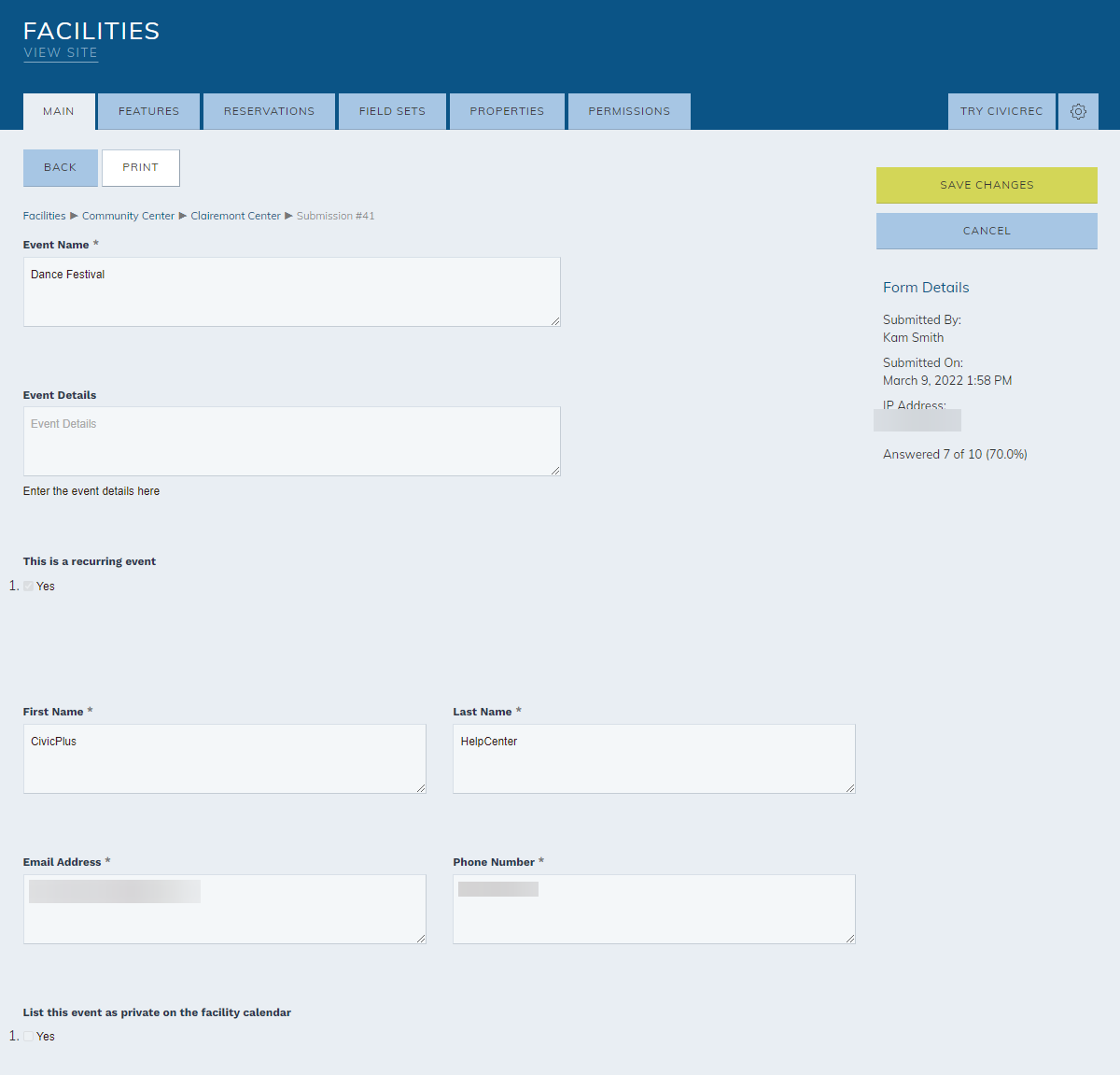 view the submitted reservation form